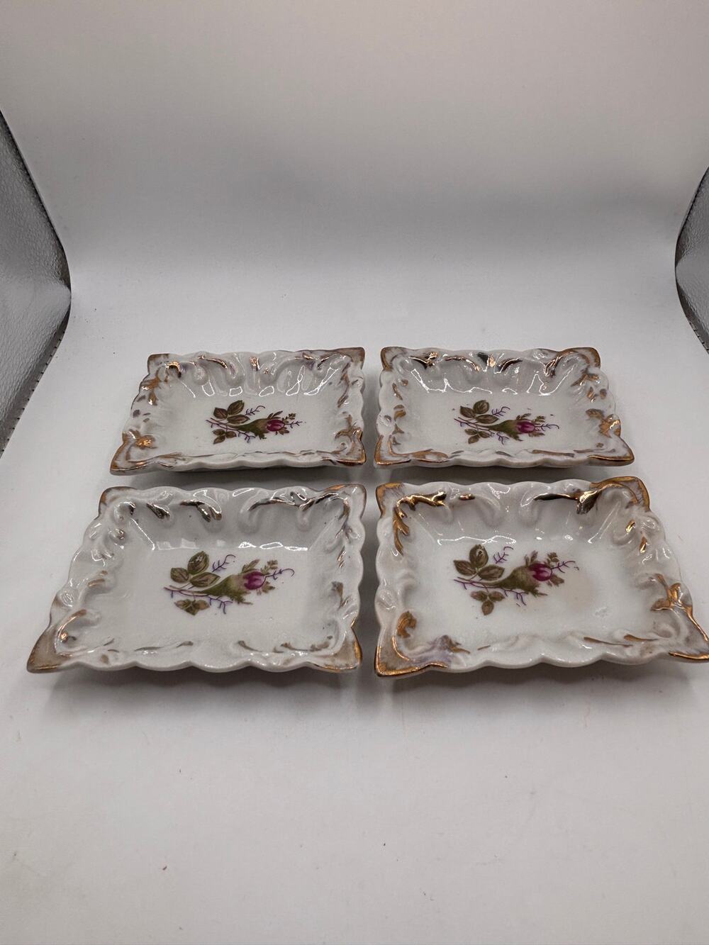 Vintage Roses Trinket Ring Dish Ashtray Teabag Tray Set 4 Cottagecore Porcelain